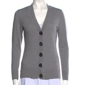 Tory Burch Gray Merino Wool V-Neck Sweater with Metal Buttons - Medium
